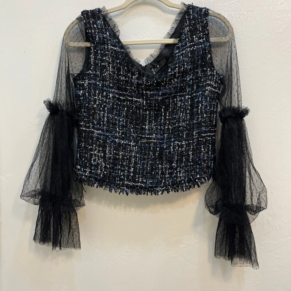 JIA Women Sheer Lace‎ Blouse Black Tiered Ruffle Sleeves Bohemian Goth Small y2k - Picture 2 of 14